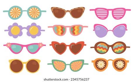 Groovy hippie sunglasses set. Cute retro psychedelic glasses 60s, 70s, 80s. Fashion aesthetic collection. 