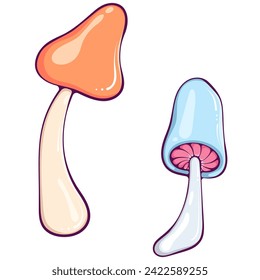 Groovy hippie two mushrooms. Retro 70s psychedelic funky fungus. Vintage nostalgia vector in cartoon hand drawn style. Color illustration isolated on white