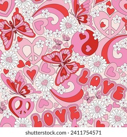 Groovy Hippie Valentine flor forma corazón signo de paz margarita mariposa vectorial sin fisuras patrón. Día de San Valentín Rojo Rosa Estético amor romántico fondo floral.