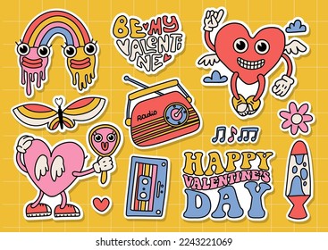 Groovy hippie Valentine s day sticker set. Retro love stickers pack. Comic ewird heart character in trendy retro cartoon 60s 70s style. Vintage mascots and elements. Vvector contour illustration.