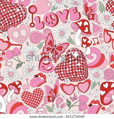 Groovy Hippie Valentine sparkling disco heart peace sing flower daisy butterfly vector seamless pattern. Saint Valentines Day Flower power romantic love background.