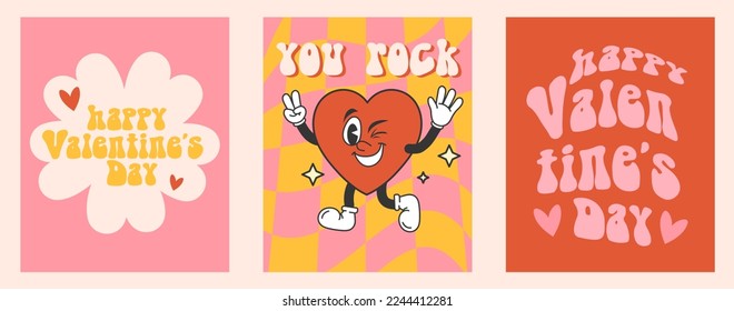 Groovy hippie Valentine's day greeting card set. Hand drawn vintage style cards with heart and typography design. Trendy retro cartoon style design templates for party, poster. Vector illustration.