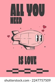 groovy hippie valentine's day poster with an airship cartoon character