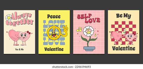 Groovy hippie Valentine's day posters in trendy retro 60s 70s cartoon style. Vector illustration