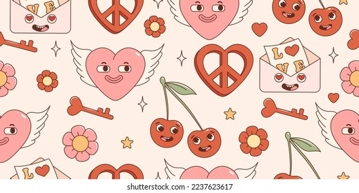 Groovy hippie Valentines Day seamless pattern. With retro cartoon characters and elements. Trendy 70s style