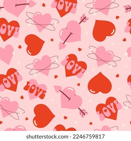 Groovy hippie Valentine's Day seamless pattern. Trendy romantic background with hearts in retro cartoon style of the 70s-80s. Valentine's day holiday backdrop texture for print on textile.