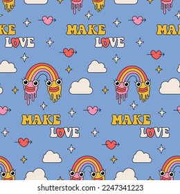 Groovy hippie Valentines Day seamless pattern. Repeating background with retro cartoon characters and sky elements - rainbow, cloud. Trendy 70s style lettering text - Make love. Vector illustration.