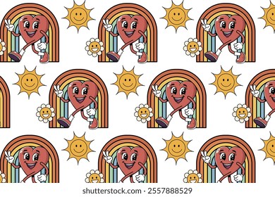 Groovy hippie Valentine's Day seamless pattern heart character, rainbow, sun. With retro cartoon characters and elements. Trendy hippie style 60s, 70s