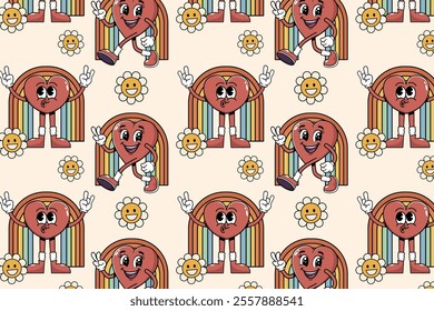 Groovy hippie Valentine's Day seamless pattern heart character, rainbow, daisy. With retro cartoon characters and elements. Trendy hippie style 60s, 70s