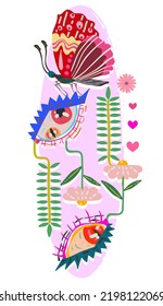 Groovy Hippie vector illustration. Butterfly, eyes, floral ornament retro style. Boho print for tee shirt or fashion fabric. Postcards, stickers, posters. Cartoon style