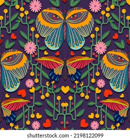 Groovy Hippie vector illustration. Butterfly, floral ornament retro style. Boho print. Pattern. Dark background, cartoon style, wallpaper