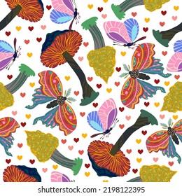 Groovy Hippie vector illustration. Butterfly, mushrooms retro style. Boho print. Pattern. Light background, wallpaper, cartoon style