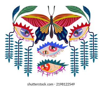 Groovy Hippie vector illustration. Butterfly, eyes, floral ornament retro style. Postcards, stickers, posters. Boho print for tee shirt or fashion fabric