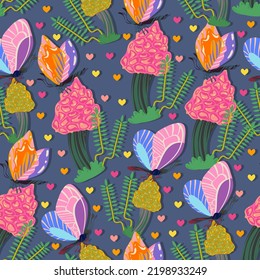 Groovy Hippie vector illustration. Butterfly, Floral ornament, mushrooms retro style. Boho print. Pattern. Dark background, wallpaper, cartoon style