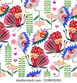 Groovy Hippie vector illustration. Butterfly, eyes, floral ornament retro style. Boho print. Pattern. Light background, wallpaper, cartoon style