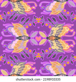 Groovy Hippie vector illustration. Butterfly retro style, floral ornament. Boho print. Pattern. Dark background, wallpaper, cartoon style