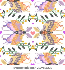 Groovy Hippie vector illustration. Butterfly retro style, floral ornament. Boho print. Pattern. Light background, wallpaper, cartoon style