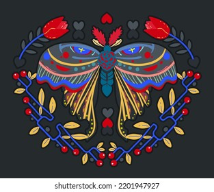 Groovy Hippie vector illustration. Butterfly retro style, floral ornament. Boho print for tee shirt or fashion fabric. Postcards, posters, stickers