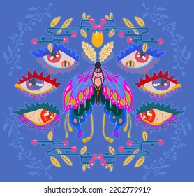 Groovy Hippie vector illustration. Butterfly retro style, eyes, floral ornament. Boho print for tee shirt or fashion fabric. Postcards, posters, stickers