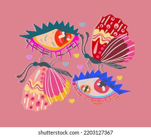 Groovy Hippie vector illustration. Butterfly retro style, eyes. Postcards, posters, stickers, Boho print for tee shirt or fashion fabric