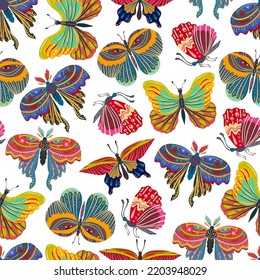 Groovy Hippie vector illustration. Butterfly retro style. Boho print. Pattern. Light background, wallpaper, cartoon style