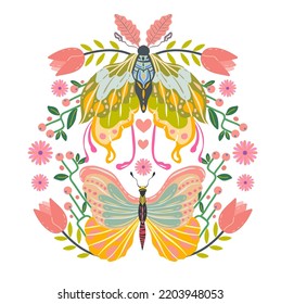 Groovy Hippie vector illustration. Butterfly retro style, floral ornament. Boho print for tee shirt or fashion fabric. Postcards, stickers, posters