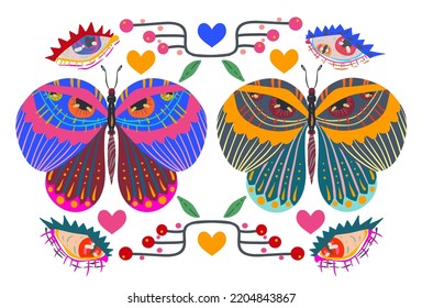 Groovy Hippie vector illustration. Butterfly retro style, floral ornament, eyes. Postcards, stickers, posters. Boho print for tee shirt or fashion fabric