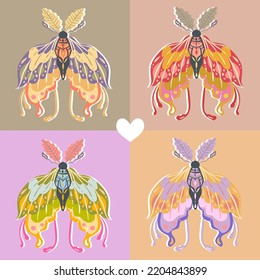 Groovy Hippie vector illustration. Butterfly, moths retro style. Boho print for tee shirt or fashion fabric. Postcards, stickers, posters