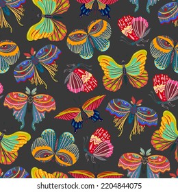 Groovy Hippie vector illustration. Butterfly retro style. Boho print. Pattern. Dark background, wallpaper, cartoon style