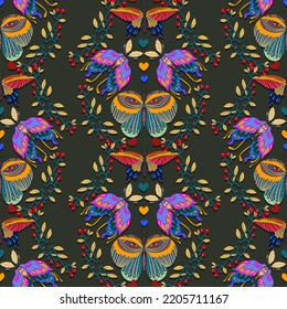Groovy Hippie vector illustration. Butterfly retro style, floral ornament. Boho print. Pattern. Dark background, cartoon style, wallpaper