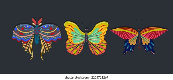 Groovy Hippie vector illustration. Butterfly retro style, floral ornament, eyes. Boho print for tee shirt or fashion fabric. Postcards, stickers, posters