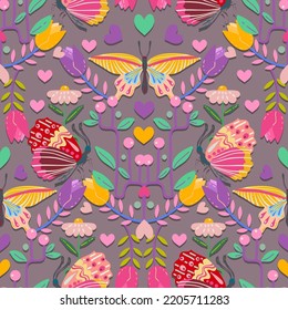 Groovy Hippie vector illustration. Butterfly retro style, floral ornament. Pattern. Boho print. Dark background, cartoon style, wallpaper