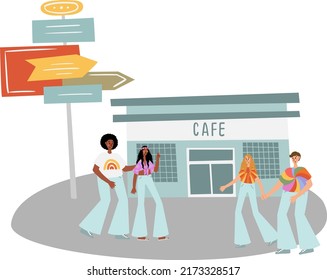 groovy hippie vector illustration clipart, retro 70s hippy road trip clip art, road Cafe scenery, peace and love scene clipart, sublimation design images