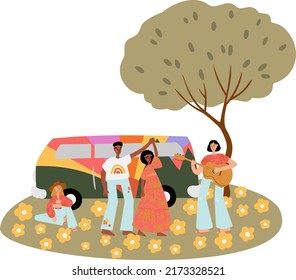 Groovy Hippie Vector Illustration Clipart, Retro 70s Hippy Bus Van Road Trip Clip Art, Floral Meadow Landscape Scenery, Peace And Love Scene Clipart, Sublimation Design Images