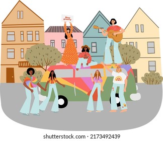 Groovy Hippie Vector Illustration Clipart, Retro 70s Hippy Bus Van On City Street Scenery Clip Art, Peace And Love Scene Clipart, Sublimation Design Images