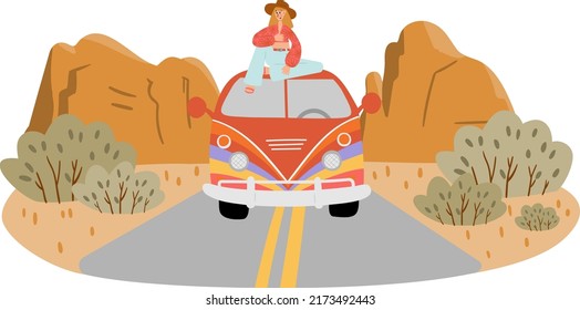 Groovy Hippie Vector Illustration Clipart, Retro 70s Hippy Bus Van Road Trip Clip Art, Mountain Landscape Scenery Png, Peace And Love Scene Clipart, Sublimation Design Images