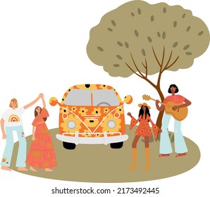 Groovy Hippie Vector Illustration Clipart, Retro 70s Hippy Bus Van Road Trip Clip Art, Meadow Landscape Scenery, Peace And Love Scene Clipart, Sublimation Design Images