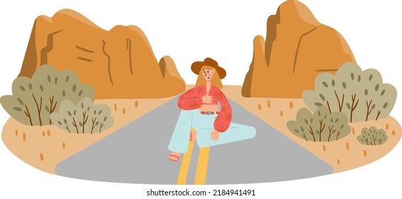 groovy hippie vector illustration clipart, retro 70s hippy road trip clip art, mountain landscape scenery png, peace and love scene clipart, sublimation design images