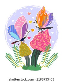 Groovy Hippie vector illustration. Floral ornament, butterfly, mushrooms retro style. Boho print for tee shirt or fashion fabric. Cartoon style. Postcards, stickers, posters