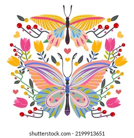 Groovy Hippie vector illustration. Floral ornament, butterfly retro style. Postcards, posters, stickers. Boho print for tee shirt or fashion fabric