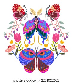 Groovy Hippie vector illustration. Floral ornament, butterfly retro style. Postcards, stickers, posters. Boho print for tee shirt or fashion fabric