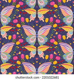 Groovy Hippie vector illustration. Floral ornament, butterfly retro style. Boho print. Pattern. Dark background, wallpaper, cartoon style