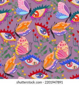 Groovy Hippie vector illustration. Floral ornament, eyes, butterfly retro style. Grey background, wallpaper, cartoon style. Boho print. Pattern