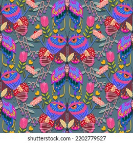Groovy Hippie vector illustration. Floral ornament, butterfly retro style. Grey background, wallpaper, cartoon style. Boho print. Pattern