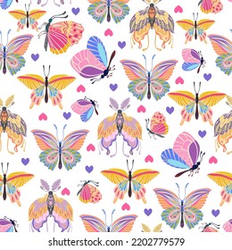 Groovy Hippie vector illustration. Floral ornament, butterfly retro style. Boho print. Pattern. Light background, wallpaper, cartoon style