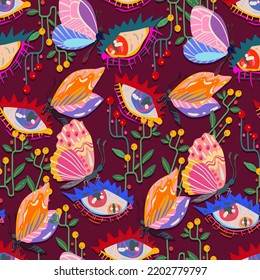 Groovy Hippie vector illustration. Floral ornament, eyes, butterfly retro style. Dark background, wallpaper, cartoon style. Boho print. Pattern