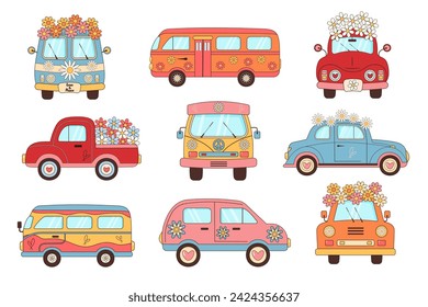 Groovy hippie vintage bus and car set. Retro travel automobiles with flowers and hearts. Love, peace, travel, adventure, hippie culture concept.