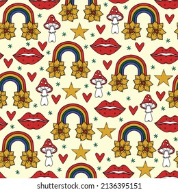 Groovy hippie vintage seamless vector pattern. Retro background with rainbow, daisy flowers, hearts, fly agaric mushrooms, kissing lips. Symbols of peace, love, friendship. Cartoon doodles
