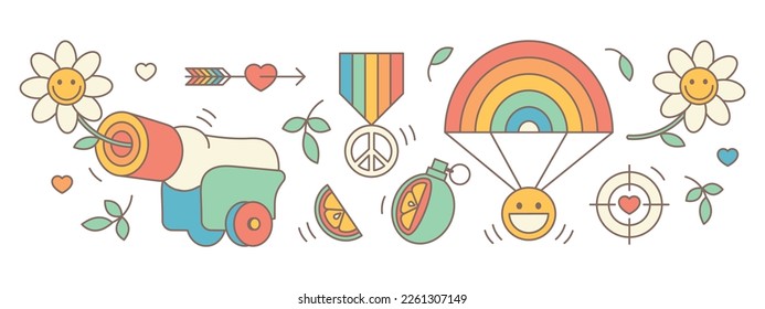 Groovy hippie war icon set. Funny cartoon flower, rainbow, peace, Love, heart, daisy, cannon, parachute, arrow, grenade, medal. Peaceful military Sticker pack in retro psychedelic style