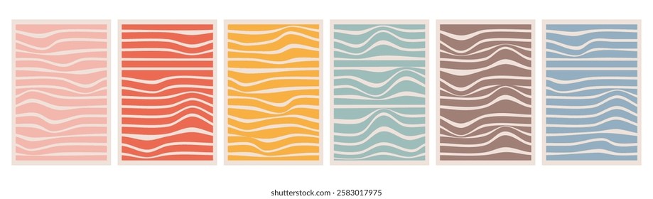 Groovy Hippie Wave Stripe Background. Retro Distorted uneven stripes. Waves Trippy Hand drawn templates collection. Isolated Trendy Twisted Striped aesthetic psychedelic 1970s style